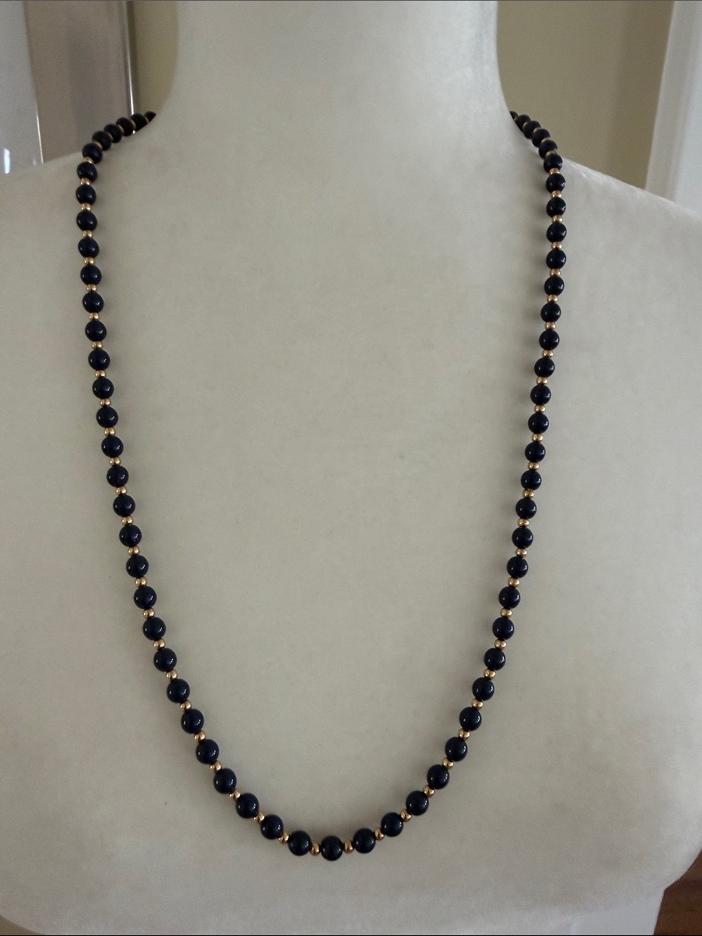 VINTAGE MONET NAVY BLUE & GOLD BEADED STRAND NECKLACE Classic Long Opera Length